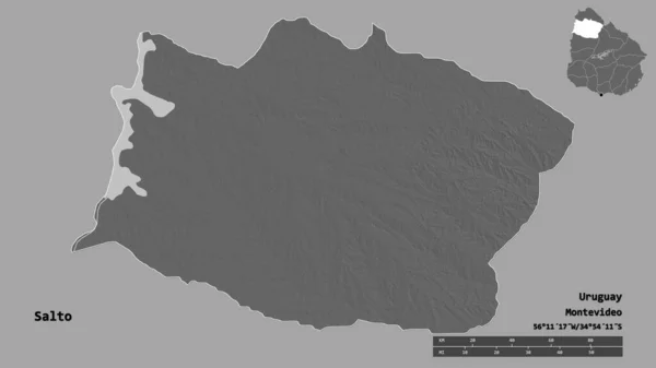 ウルグアイ省のサルトの形は その資本がしっかりとした背景に隔離されています 距離スケール リージョンプレビュー およびラベル 標高マップ 3Dレンダリング — ストック写真