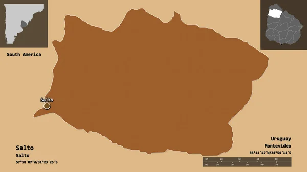 乌拉圭省萨尔托及其首都的形状 距离刻度 预览和标签 图形纹理的组成 3D渲染 — 图库照片