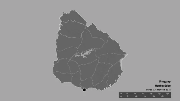ウルグアイの首都 主要な地域部門と分離されたサルト地域での荒廃した形 ラベル 標高マップ 3Dレンダリング — ストック写真