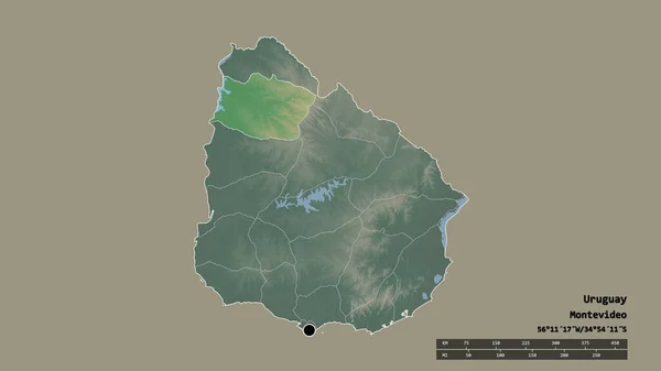 ウルグアイの首都 主要な地域部門と分離されたサルト地域での荒廃した形 ラベル 地形図 3Dレンダリング — ストック写真