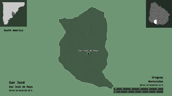 乌拉圭省圣何塞的形状及其首都 距离刻度 预览和标签 彩色高程图 3D渲染 — 图库照片