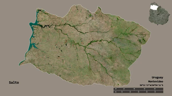 ウルグアイ省のサルトの形は その資本がしっかりとした背景に隔離されています 距離スケール リージョンプレビュー およびラベル 衛星画像 3Dレンダリング — ストック写真