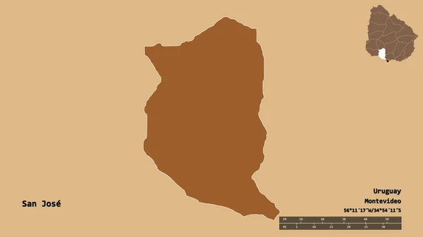 ウルグアイ県サンノゼの形で その首都はしっかりとした背景に隔離されています 距離スケール リージョンプレビュー およびラベル パターン化されたテクスチャの構成 3Dレンダリング — ストック写真
