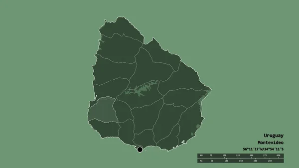 主要な地域部門と分離されたソリアーノ地域とウルグアイの荒廃した形 ラベル 色の標高マップ 3Dレンダリング — ストック写真