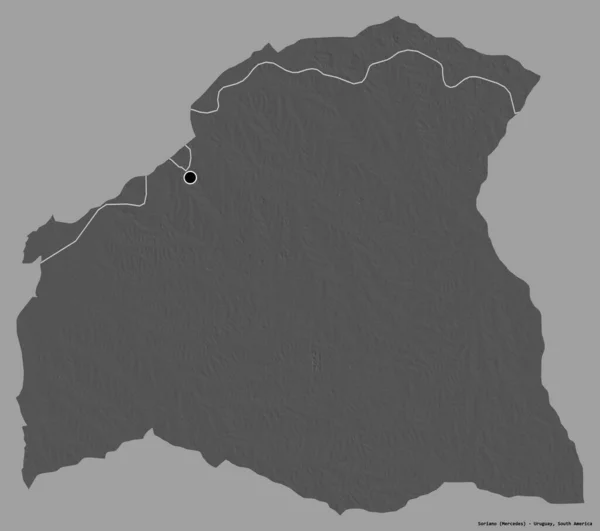 乌拉圭省索里亚诺的形状 其首都以纯色背景隔离 Bilevel高程图 3D渲染 — 图库照片