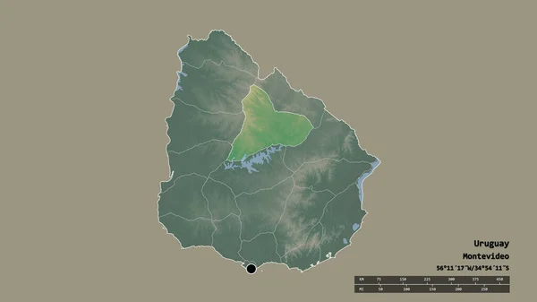 乌拉圭以首都 主要区域分部和分隔的Tacuarembo地区为首都的绝望形态 地形浮雕图 3D渲染 — 图库照片