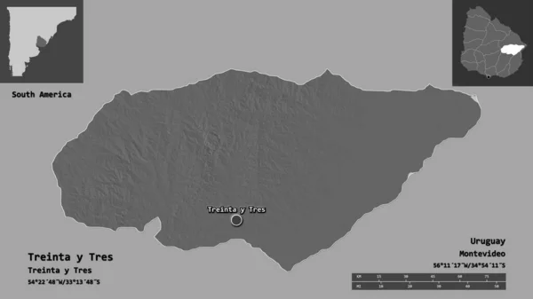 トレンタ トレスの形 ウルグアイ省 そしてその首都 距離スケール プレビューおよびラベル 標高マップ 3Dレンダリング — ストック写真