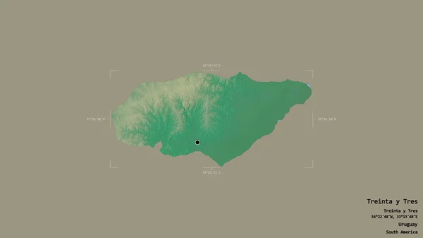 乌拉圭省Treinta Tres地区 在一个地理参照框的坚实背景上被隔离 地形浮雕图 3D渲染 — 图库照片