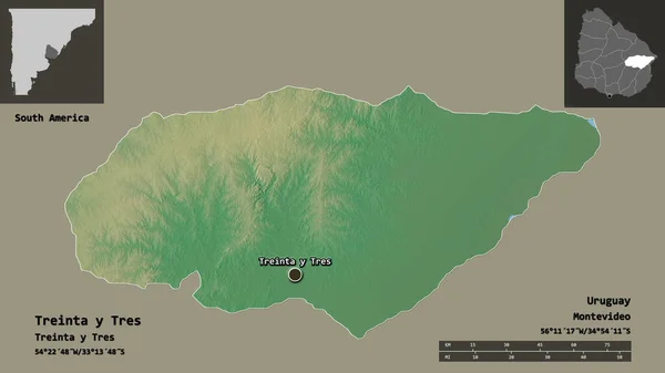 乌拉圭省及其首都Treinta Tres的形状 距离刻度 预览和标签 地形浮雕图 3D渲染 — 图库照片