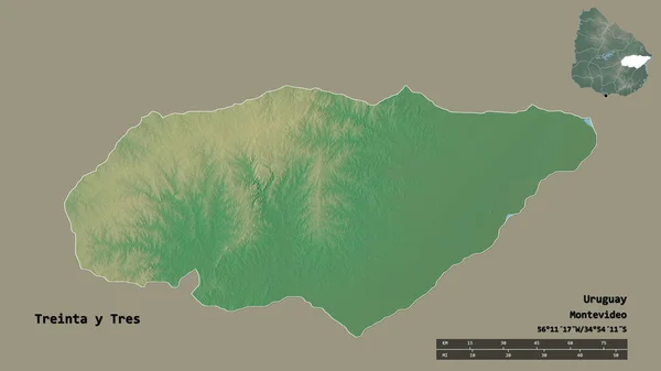 乌拉圭省Treinta Tres的形状 其首都在坚实的背景下与世隔绝 距离尺度 区域预览和标签 地形浮雕图 3D渲染 — 图库照片