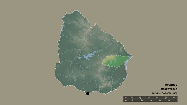 ウルグアイの首都 主要な地域部門と分離されたTreinta Tres地域での荒廃した形 ラベル 地形図 3Dレンダリング — ストック写真