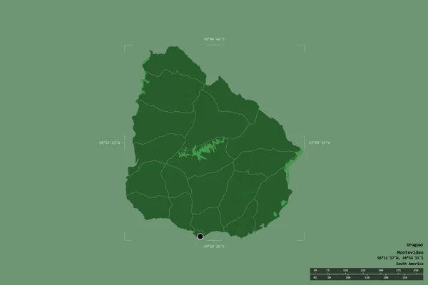 ウルグアイの地域は 洗練された境界の箱の中の強固な背景に隔離されました 主な地域部門 距離スケール ラベル 色の標高マップ 3Dレンダリング — ストック写真