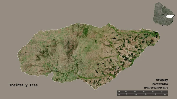 乌拉圭省Treinta Tres的形状 其首都在坚实的背景下与世隔绝 距离尺度 区域预览和标签 卫星图像 3D渲染 — 图库照片