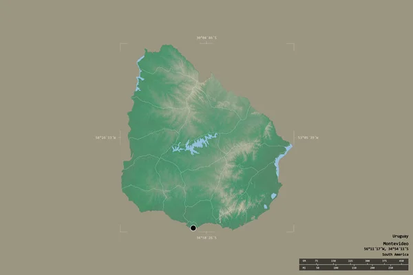 乌拉圭的一个区域在一个地理参照框的坚实背景上被隔离 主要区域分部 距离标度 地形浮雕图 3D渲染 — 图库照片