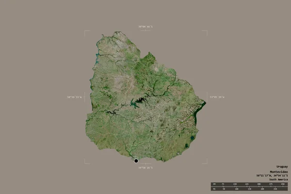 乌拉圭的一个区域在一个地理参照框的坚实背景上被隔离 主要区域分部 距离标度 卫星图像 3D渲染 — 图库照片