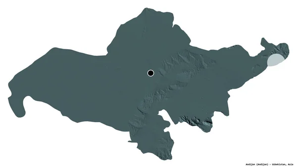 乌兹别克斯坦安集延的形状 首都为白色背景 与世隔绝 彩色高程图 3D渲染 — 图库照片