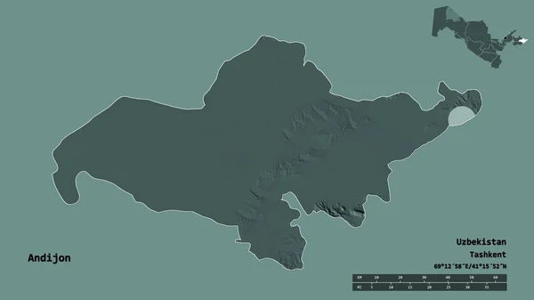 Kształt Andijon Regionu Uzbekistanu Stolicą Odizolowaną Solidnym Tle Skala Odległości — Zdjęcie stockowe