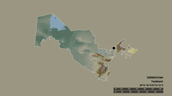 主要な地域部門と分離アンディジョン地域とウズベキスタンの荒廃した形 ラベル 地形図 3Dレンダリング — ストック写真