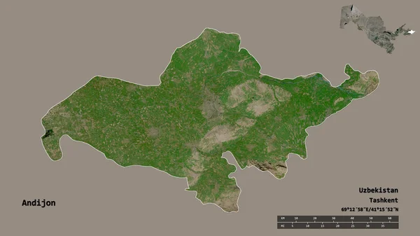 Kształt Andijon Regionu Uzbekistanu Stolicą Odizolowaną Solidnym Tle Skala Odległości — Zdjęcie stockowe