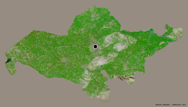 ウズベキスタンの地域であるアンディジョンの形で その首都はしっかりとした色の背景に隔離されている 衛星画像 3Dレンダリング — ストック写真