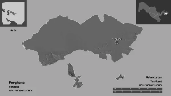 フェルガナの形 ウズベキスタンの地域 距離スケール プレビューおよびラベル 標高マップ 3Dレンダリング — ストック写真