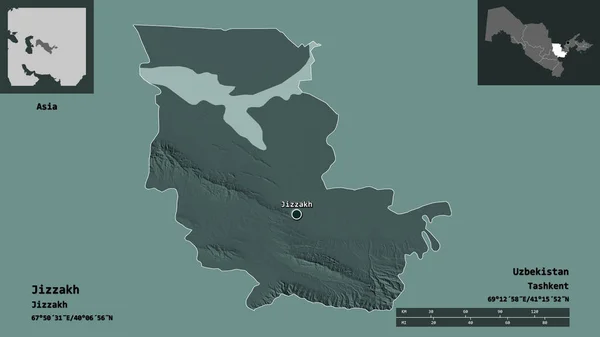 Shape Jizzakh Region Uzbekistan Its Capital Distance Scale Previews Labels — Stock Photo, Image