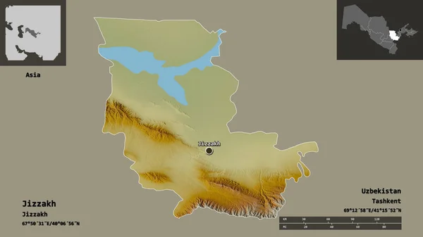 Shape of Jizzakh, region of Uzbekistan, and its capital. Distance scale, previews and labels. Topographic relief map. 3D rendering