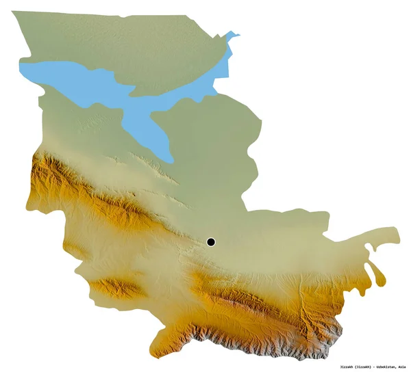 Kształt Jizzakh Regionu Uzbekistanu Stolicą Odizolowaną Białym Tle Mapa Pomocy — Zdjęcie stockowe