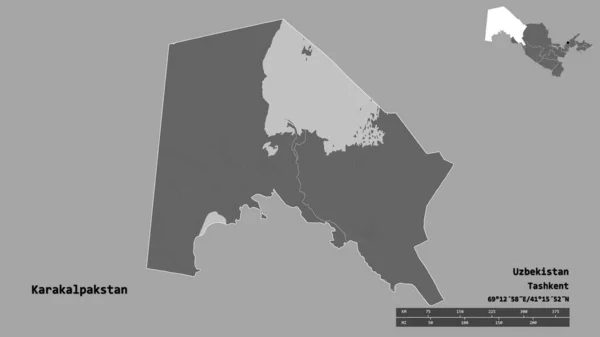 ウズベキスタンの自治区カラカルパキスタンの形で その首都はしっかりとした背景に隔離されています 距離スケール リージョンプレビュー およびラベル 標高マップ 3Dレンダリング — ストック写真