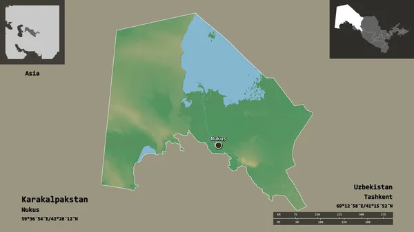 カラカルパキスタン ウズベキスタンの自治区 首都の形 距離スケール プレビューおよびラベル 地形図 3Dレンダリング — ストック写真