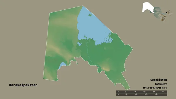 ウズベキスタンの自治区カラカルパキスタンの形で その首都はしっかりとした背景に隔離されています 距離スケール リージョンプレビュー およびラベル 地形図 3Dレンダリング — ストック写真
