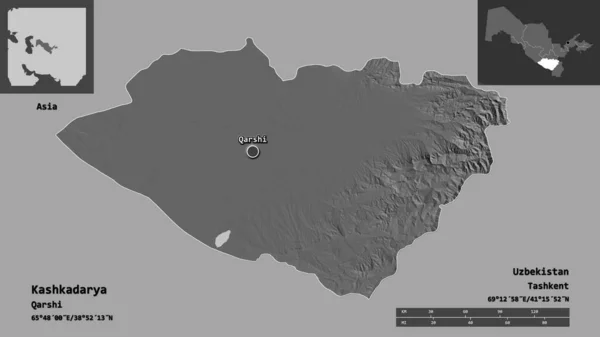 Shape Kashkadarya Region Uzbekistan Its Capital Distance Scale Previews Labels — Stock Photo, Image