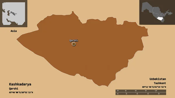 カシュカダーリヤの形 ウズベキスタンの地域 距離スケール プレビューおよびラベル パターン化されたテクスチャの構成 3Dレンダリング — ストック写真