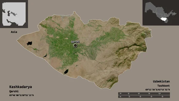 カシュカダーリヤの形 ウズベキスタンの地域 距離スケール プレビューおよびラベル 衛星画像 3Dレンダリング — ストック写真