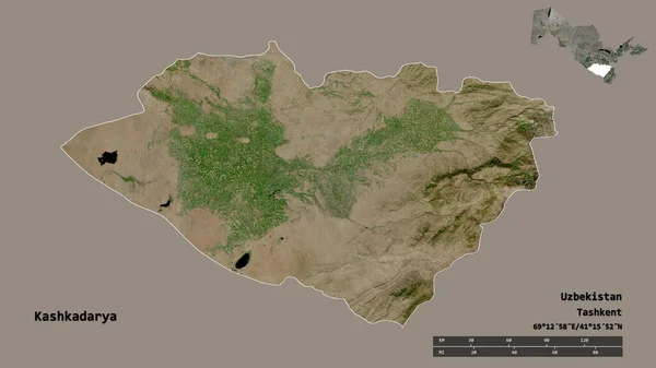 乌兹别克斯坦地区Kashkadarya的形状 其首都背景坚实 与世隔绝 距离尺度 区域预览和标签 卫星图像 3D渲染 — 图库照片