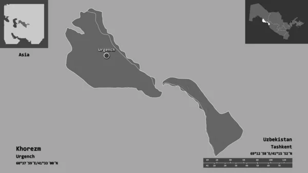 コレズムの形状 ウズベキスタンの地域 距離スケール プレビューおよびラベル 標高マップ 3Dレンダリング — ストック写真