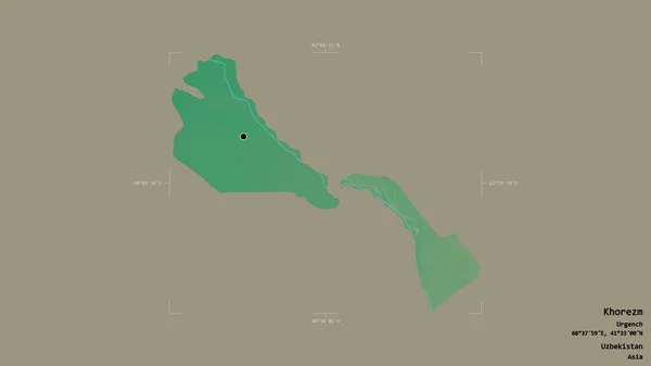 ウズベキスタンの地域であるコレズム 英語版 の地域は 洗練された境界線の箱の中にしっかりとした背景に孤立している ラベル 地形図 3Dレンダリング — ストック写真
