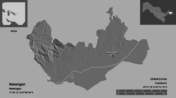 Tvar Namangánu Oblasti Uzbekistánu Jeho Hlavního Města Měřítko Vzdálenosti Náhledy — Stock fotografie