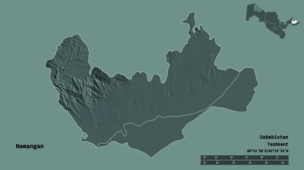 ウズベキスタンの南部に位置するナマンガンの形で その首都はしっかりとした背景に孤立している 距離スケール リージョンプレビュー およびラベル 色の標高マップ 3Dレンダリング — ストック写真