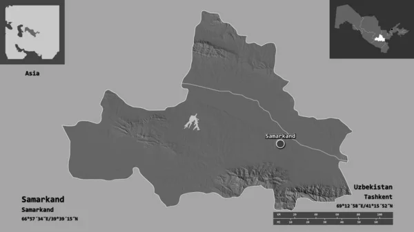 サマルカンド ウズベキスタン 首都の形 距離スケール プレビューおよびラベル 標高マップ 3Dレンダリング — ストック写真