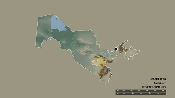 主要な地域部門と分離サマルカンド地域とウズベキスタンの荒廃した形 ラベル 地形図 3Dレンダリング — ストック写真