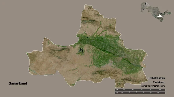 ウズベキスタンの領域であるサマルカンドの形で その首都はしっかりとした背景に孤立している 距離スケール リージョンプレビュー およびラベル 衛星画像 3Dレンダリング — ストック写真