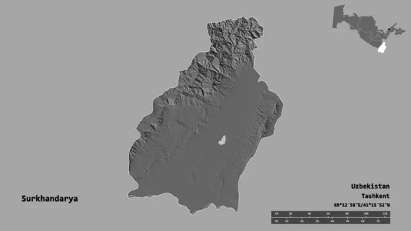 乌兹别克斯坦Surkhandarya形状 首都背景坚实 与世隔绝 距离尺度 区域预览和标签 Bilevel高程图 3D渲染 — 图库照片