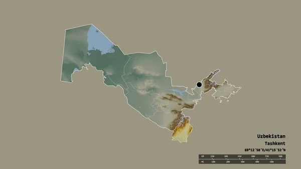 主要な地域部門と分離スルクハンダーリヤ地域とウズベキスタンの荒廃した形 ラベル 地形図 3Dレンダリング — ストック写真
