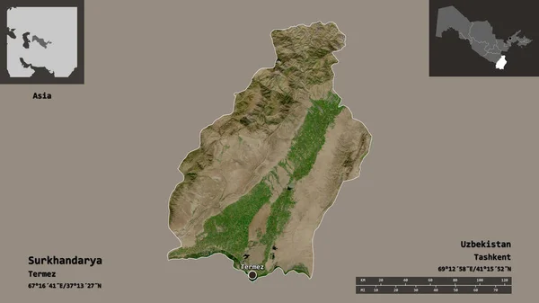 乌兹别克斯坦Surkhandarya形状及其首都 距离刻度 预览和标签 卫星图像 3D渲染 — 图库照片