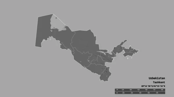 主要な地域部門と分離タシュケント地域とウズベキスタンの荒廃した形 ラベル 標高マップ 3Dレンダリング — ストック写真