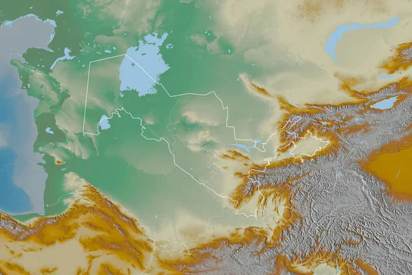 Üzbegisztán Kibővített Területe Országhatárral Nemzetközi Regionális Határokkal Topográfiai Domborzati Térkép — Stock Fotó