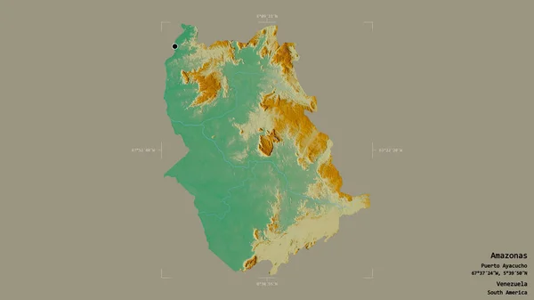 ベネズエラの状態であるアマゾナス州の地域は 洗練された境界の箱の中の強固な背景に隔離されています ラベル 地形図 3Dレンダリング — ストック写真