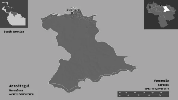 形Anzoategui ベネズエラの状態 そしてその首都 距離スケール プレビューおよびラベル 標高マップ 3Dレンダリング — ストック写真