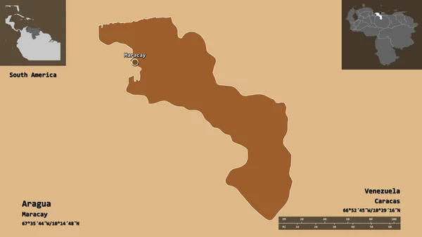 アラグア州の形状 ベネズエラの州 およびその首都 距離スケール プレビューおよびラベル パターン化されたテクスチャの構成 3Dレンダリング — ストック写真
